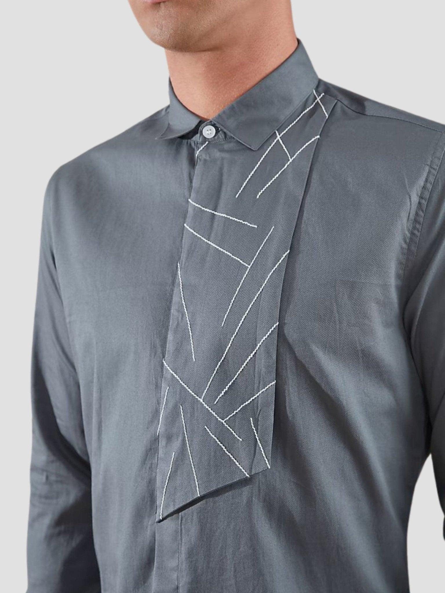 Embroidered Smart Casual Grey Shirt - HE SPOKE - For Men