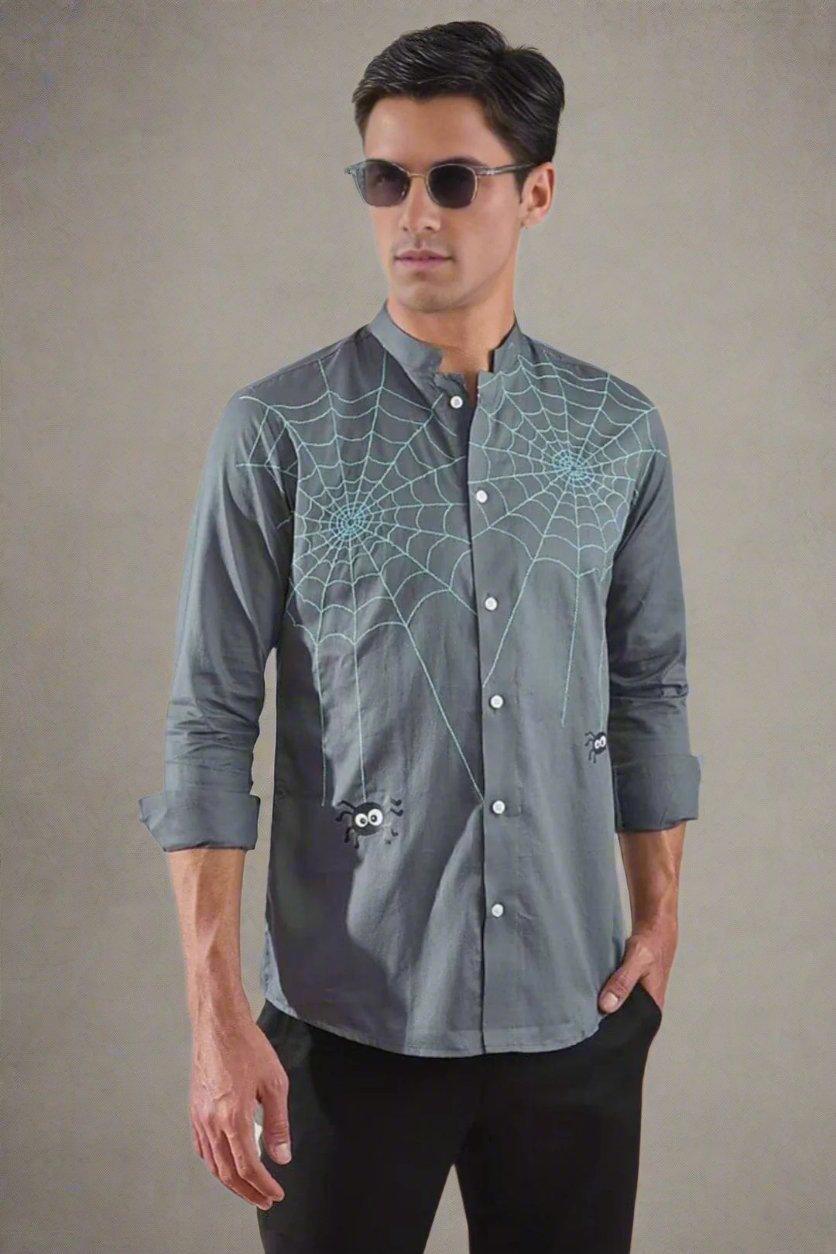 Embroidered Smart Casual Grey Shirt - HE SPOKE - For Men