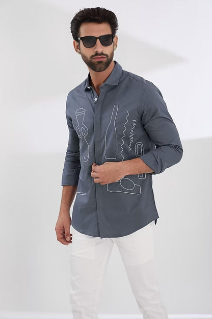 Embroidered Smart Casual Grey Shirt - HE SPOKE - For Men