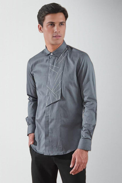 Embroidered Smart Casual Grey Shirt - HE SPOKE - For Men