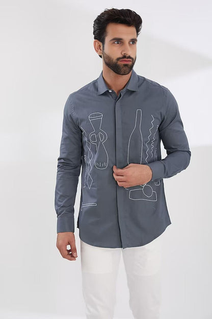 Embroidered Smart Casual Grey Shirt - HE SPOKE - For Men