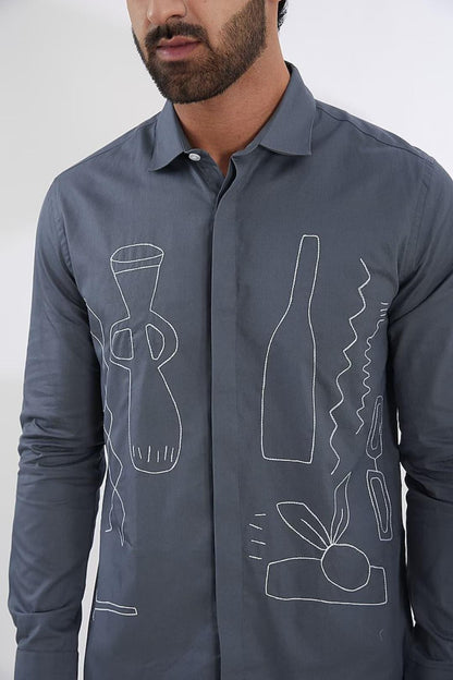 Embroidered Smart Casual Grey Shirt - HE SPOKE - For Men