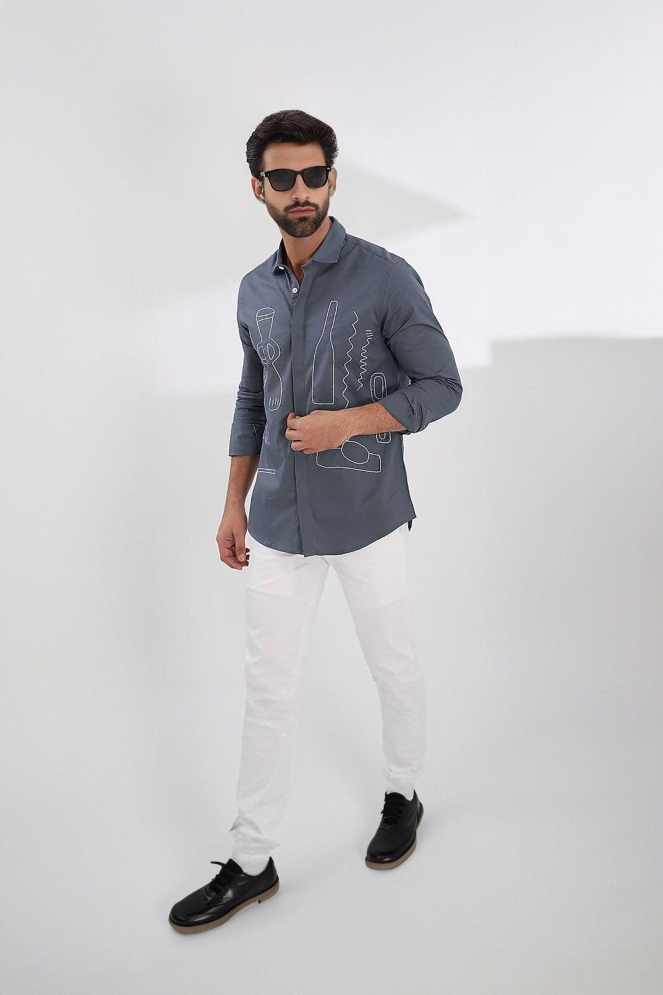 Embroidered Smart Casual Grey Shirt - HE SPOKE - For Men