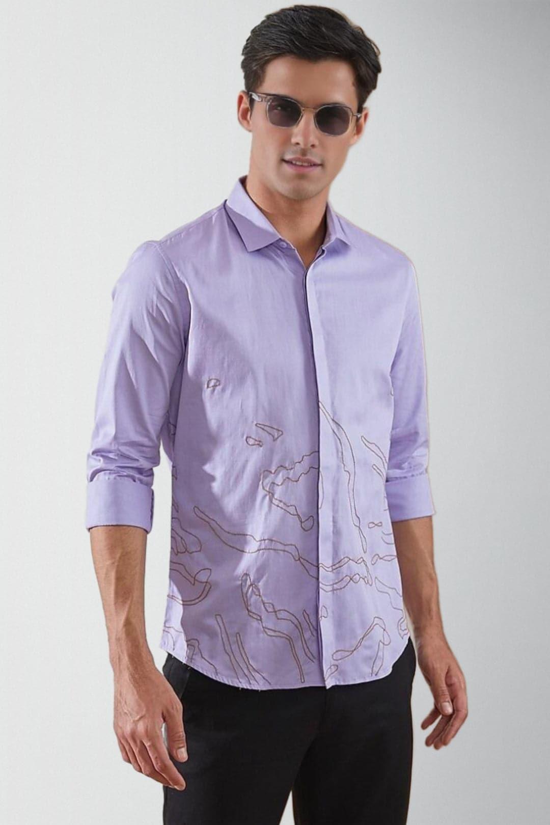 Embroidered Smart Casual Lilac Shirt - HE SPOKE - For Men