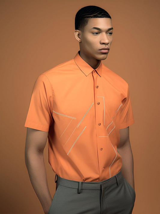 Embroidered Smart Casual Orange Shirt - HE SPOKE - For Men