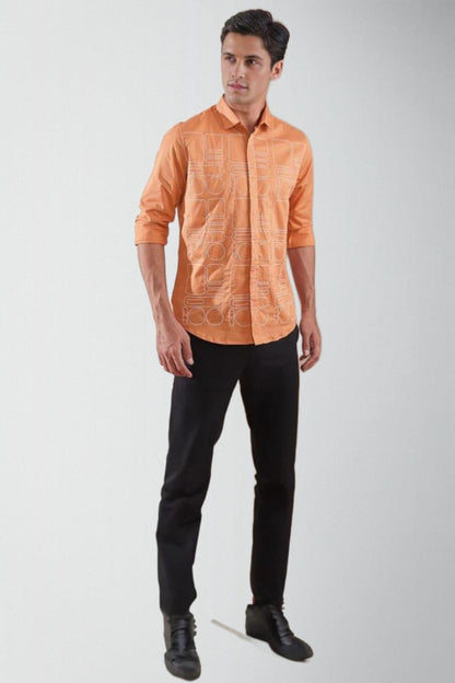 Embroidered Smart Casual Orange Shirt - HE SPOKE - For Men