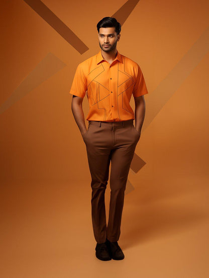 Embroidered Smart Casual Orange Shirt - HE SPOKE - For Men