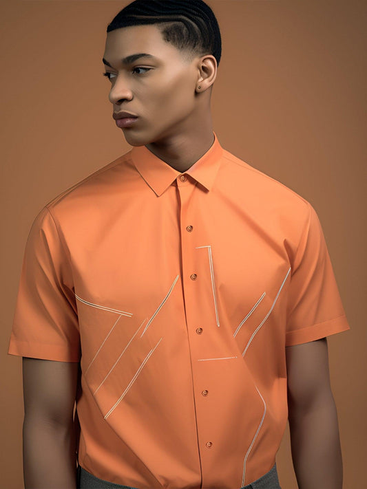 Embroidered Smart Casual Orange Shirt - HE SPOKE - For Men