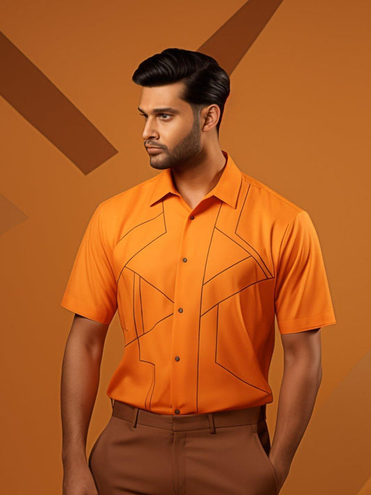 Embroidered Smart Casual Orange Shirt - HE SPOKE - For Men