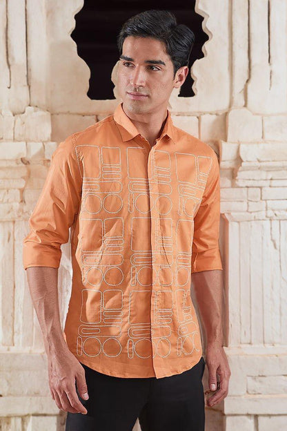 Embroidered Smart Casual Orange Shirt - HE SPOKE - For Men