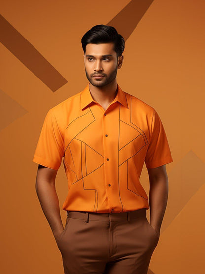 Embroidered Smart Casual Orange Shirt - HE SPOKE - For Men