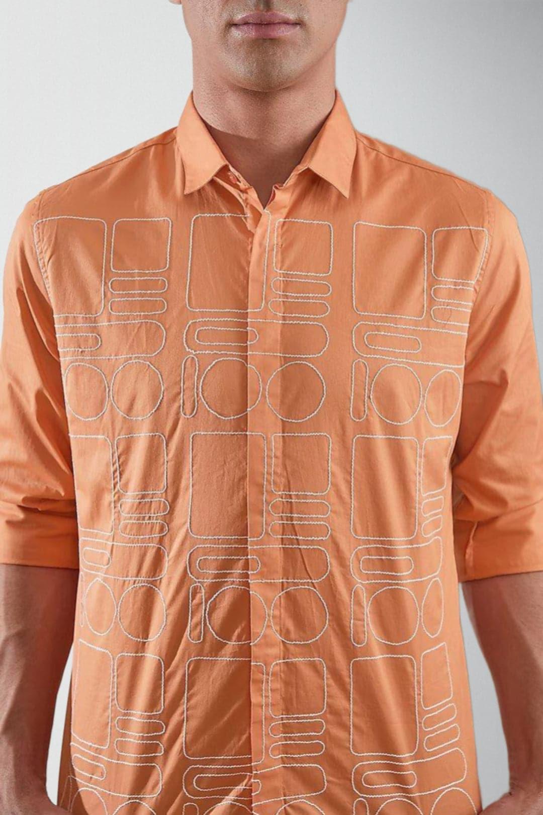 Embroidered Smart Casual Orange Shirt - HE SPOKE - For Men