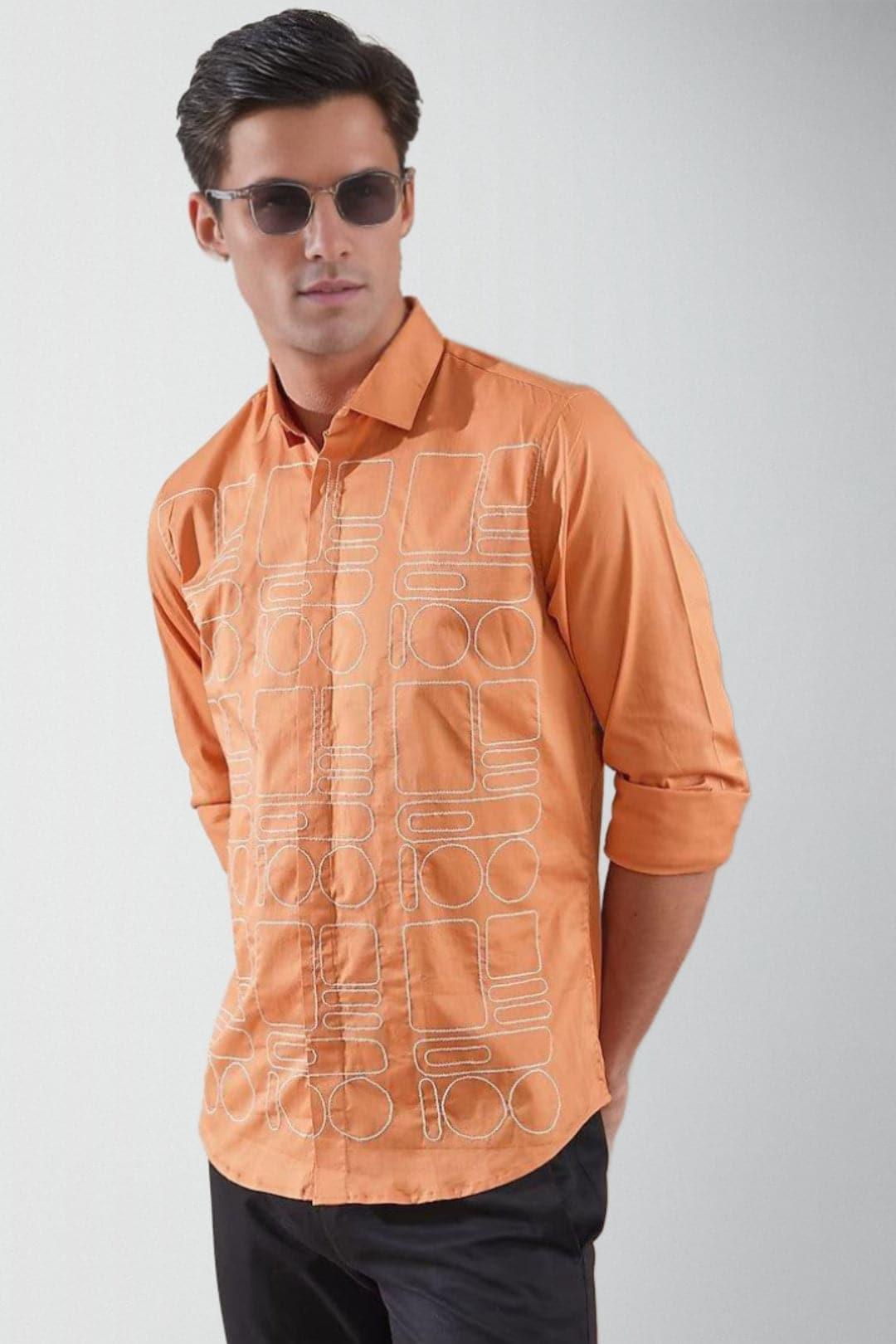 Embroidered Smart Casual Orange Shirt - HE SPOKE - For Men