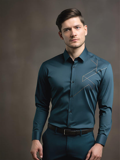 Embroidered Smart Casual Teal Shirt - HE SPOKE - For Men