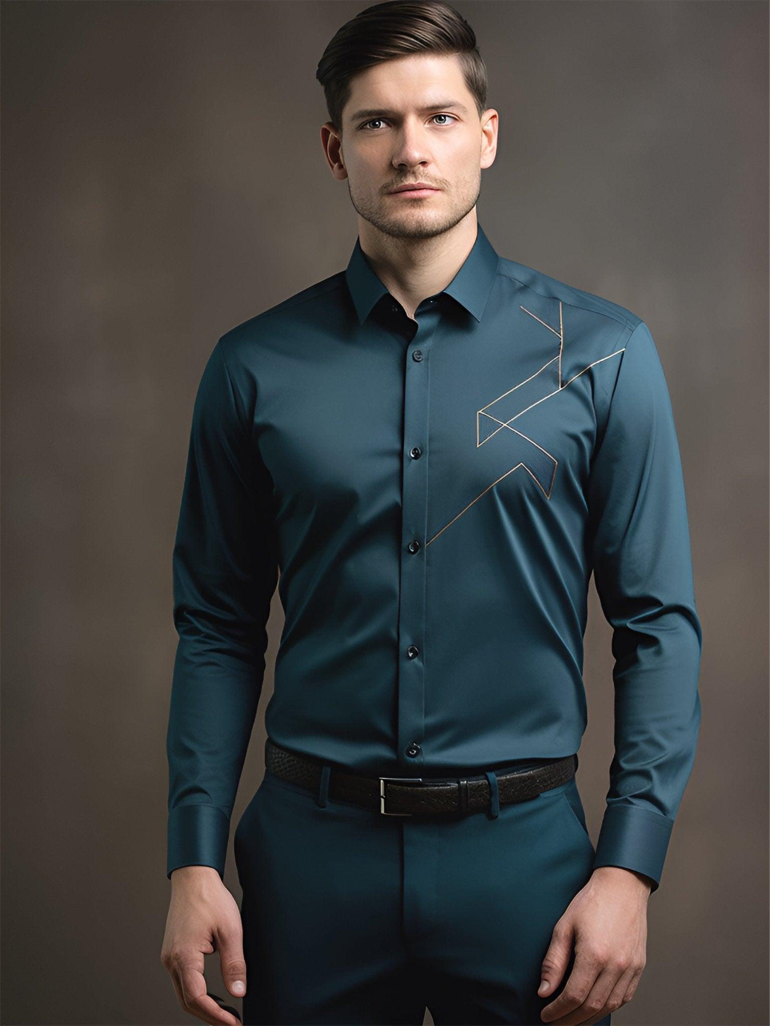 Embroidered Smart Casual Teal Shirt - HE SPOKE - For Men