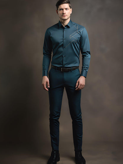 Embroidered Smart Casual Teal Shirt - HE SPOKE - For Men