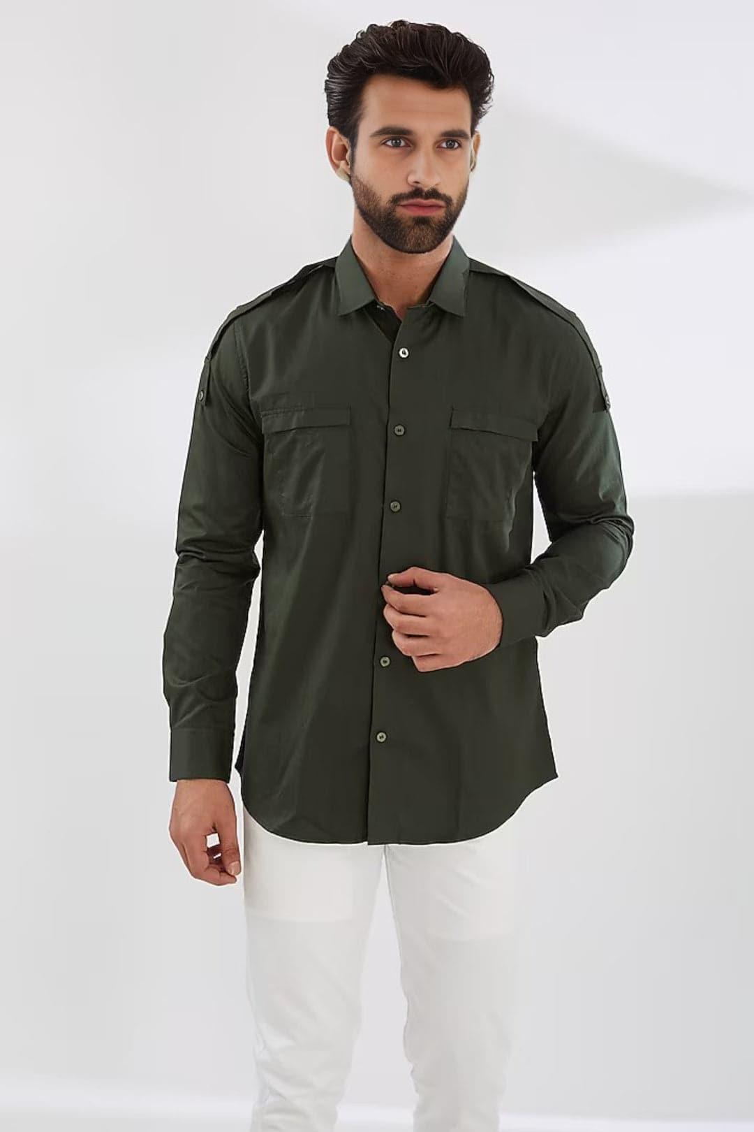 Panel Smart Casual Olive Shirt - HE SPOKE - For Men