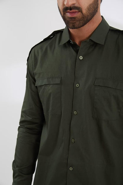 Panel Smart Casual Olive Shirt - HE SPOKE - For Men