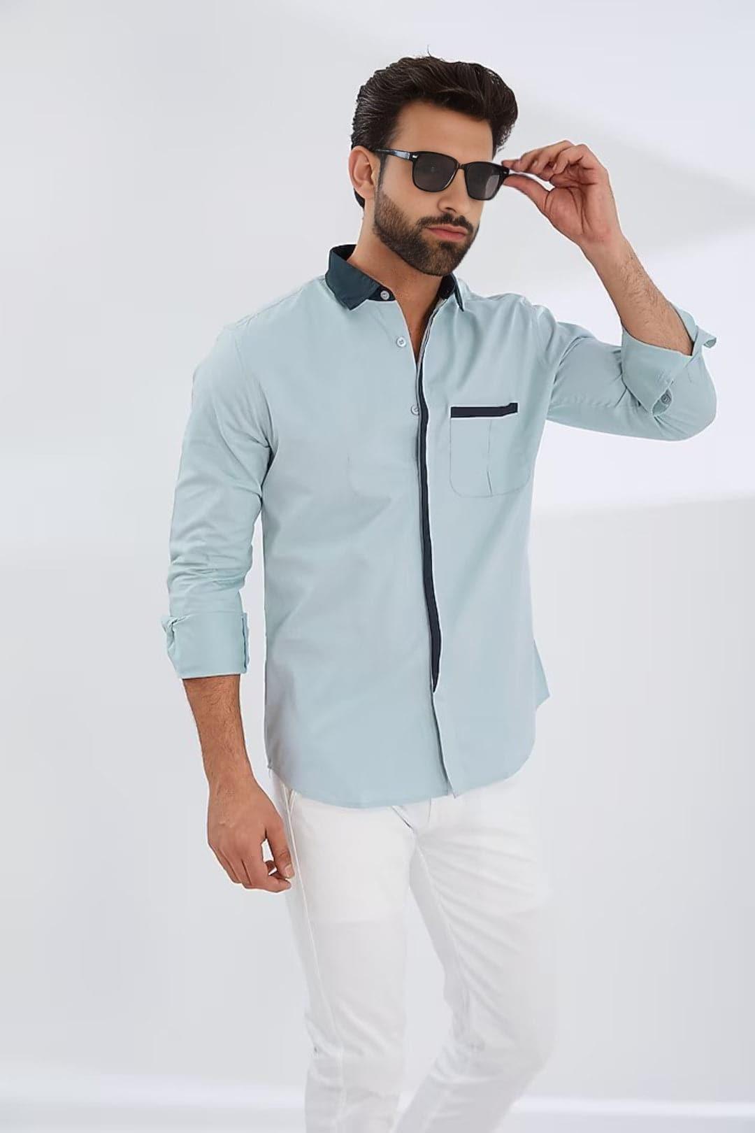 Patchwork Smart Casual Blue Shirt - HE SPOKE - For Men