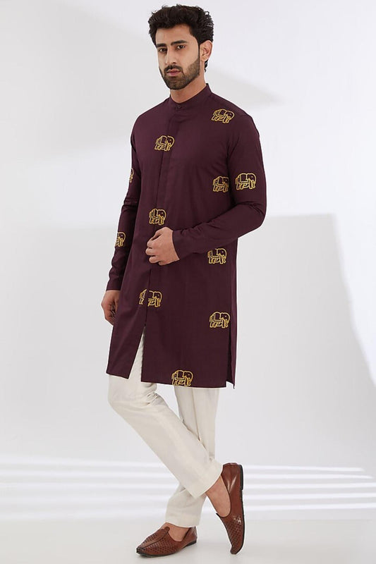 Printed Festive Burgundy Kurta - HE SPOKE - For Men