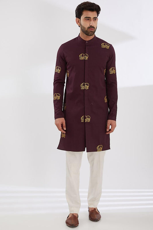 Printed Festive Burgundy Kurta - HE SPOKE - For Men