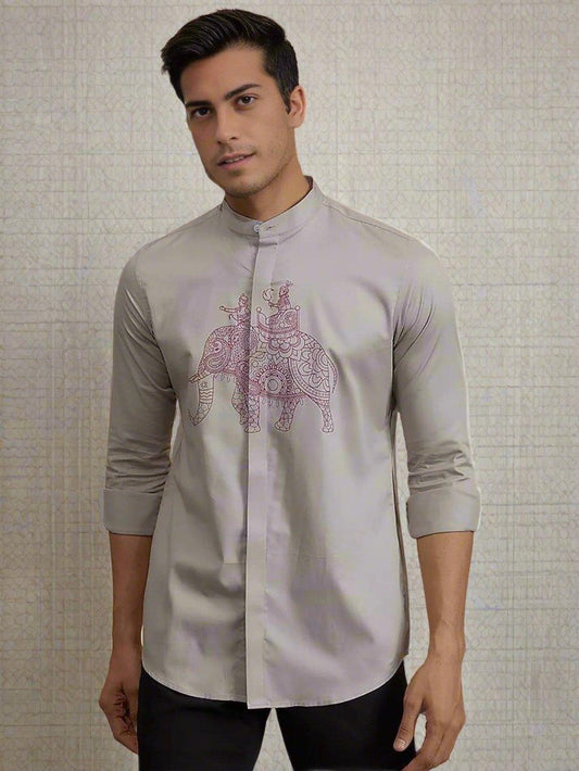 Printed Festive Grey Shirt - HE SPOKE - For Men