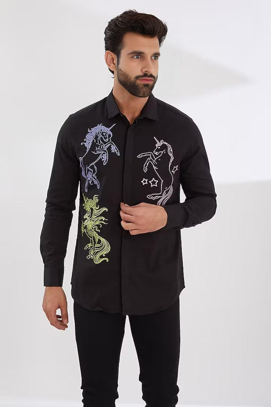 Printed Party Wear Black Shirt - HE SPOKE - For Men