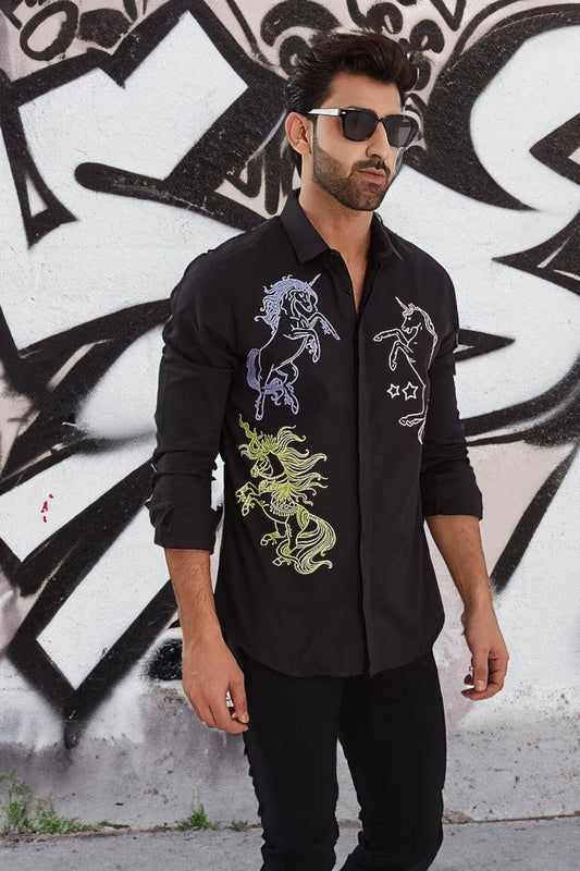 Printed Party Wear Black Shirt - HE SPOKE - For Men