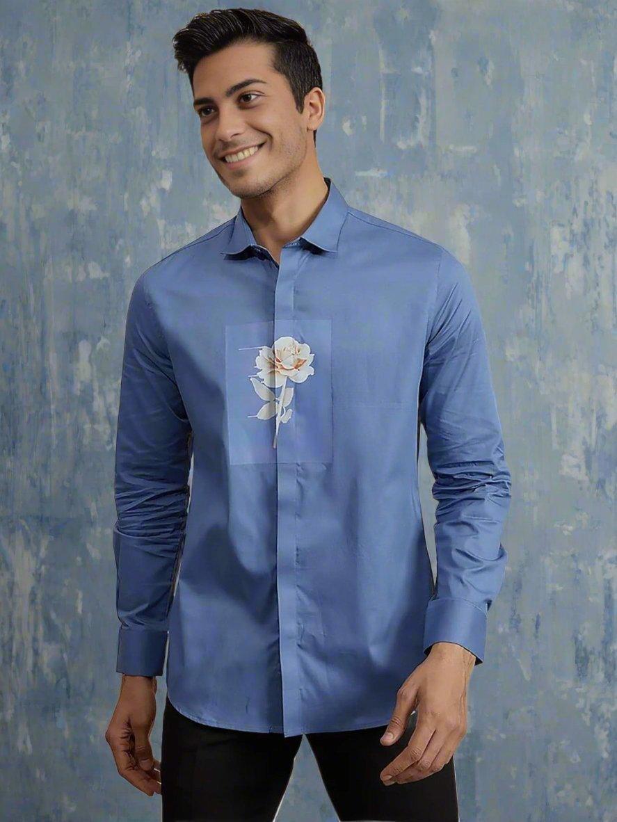 Printed Party Wear Blue Shirt - HE SPOKE - For Men