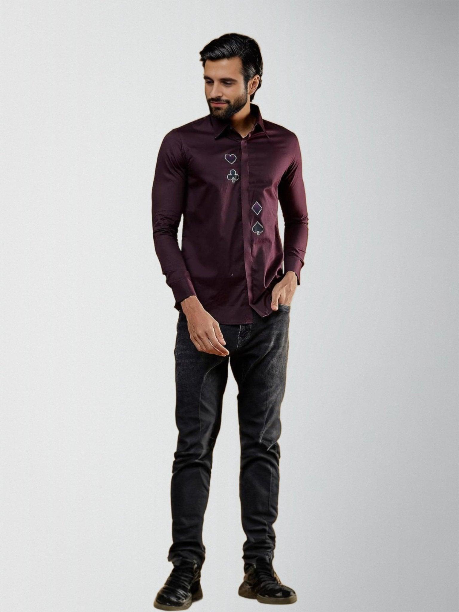 Printed Party Wear Burgundy Shirt - HE SPOKE - For Men