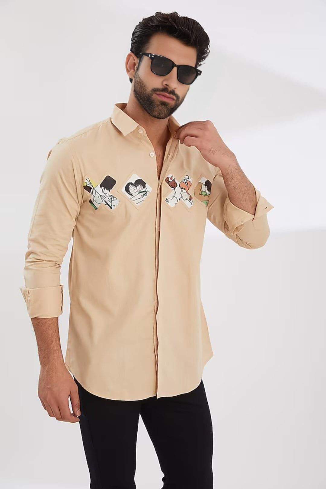 Printed Party Wear Cream Shirt - HE SPOKE - For Men