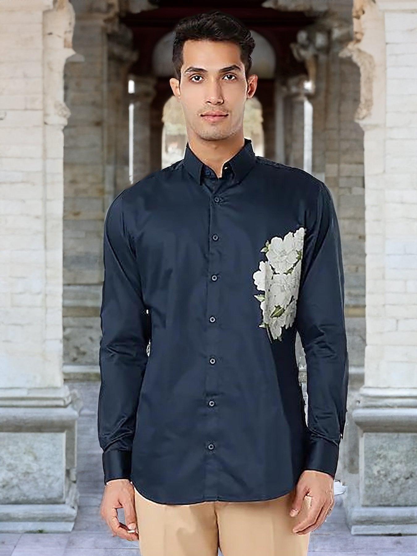 Printed Party Wear Navy Shirt - HE SPOKE - For Men