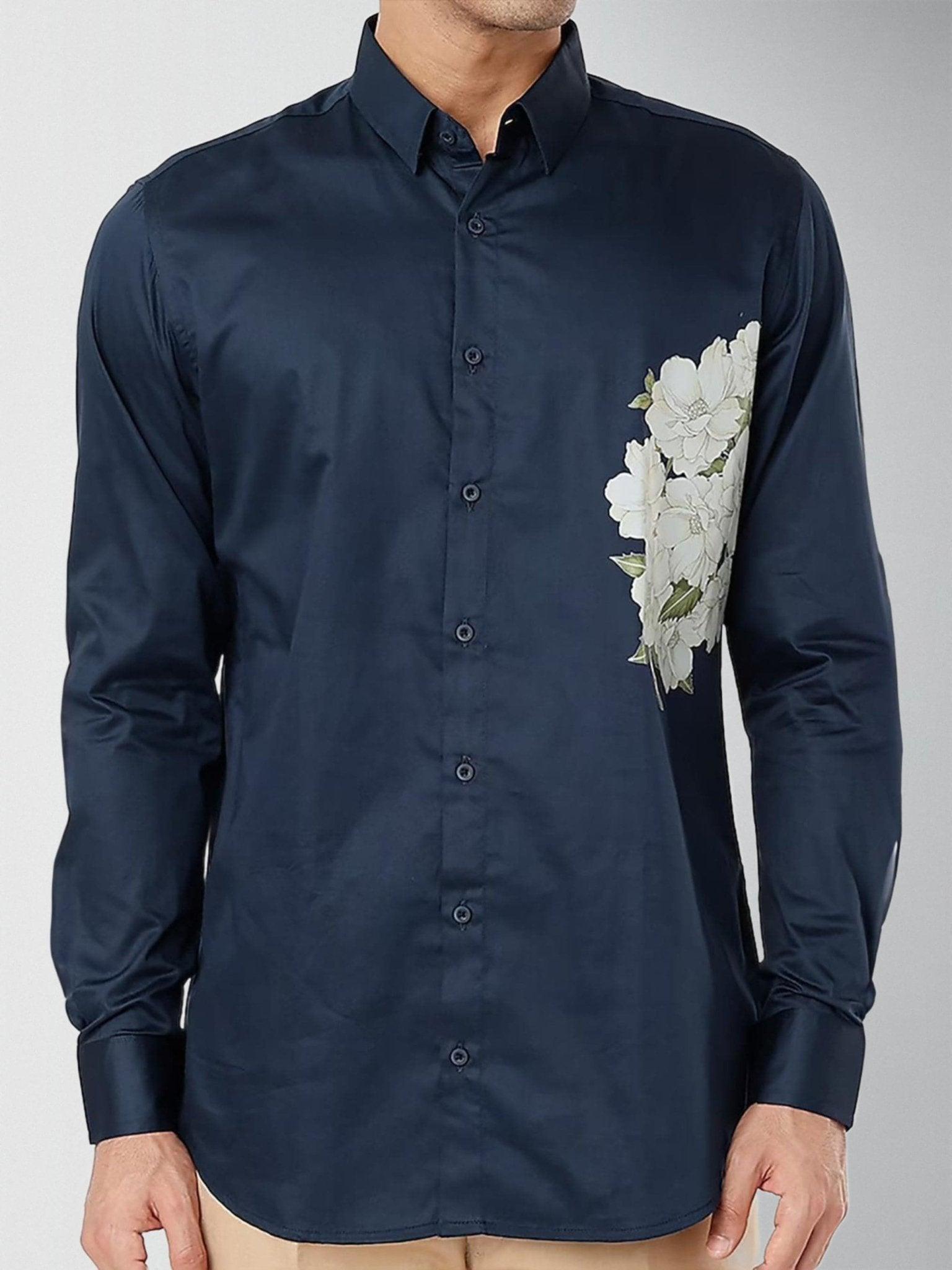 Printed Party Wear Navy Shirt - HE SPOKE - For Men