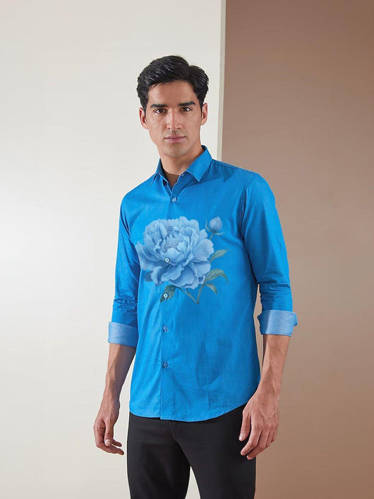 Printed Smart Casual Blue Shirt - HE SPOKE - For Men