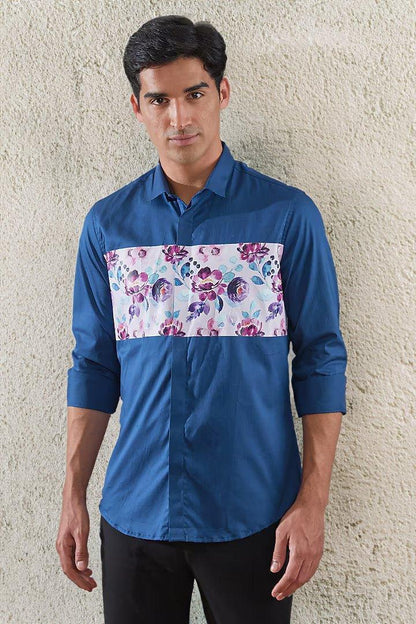 Printed Smart Casual Blue Shirt - HE SPOKE - For Men