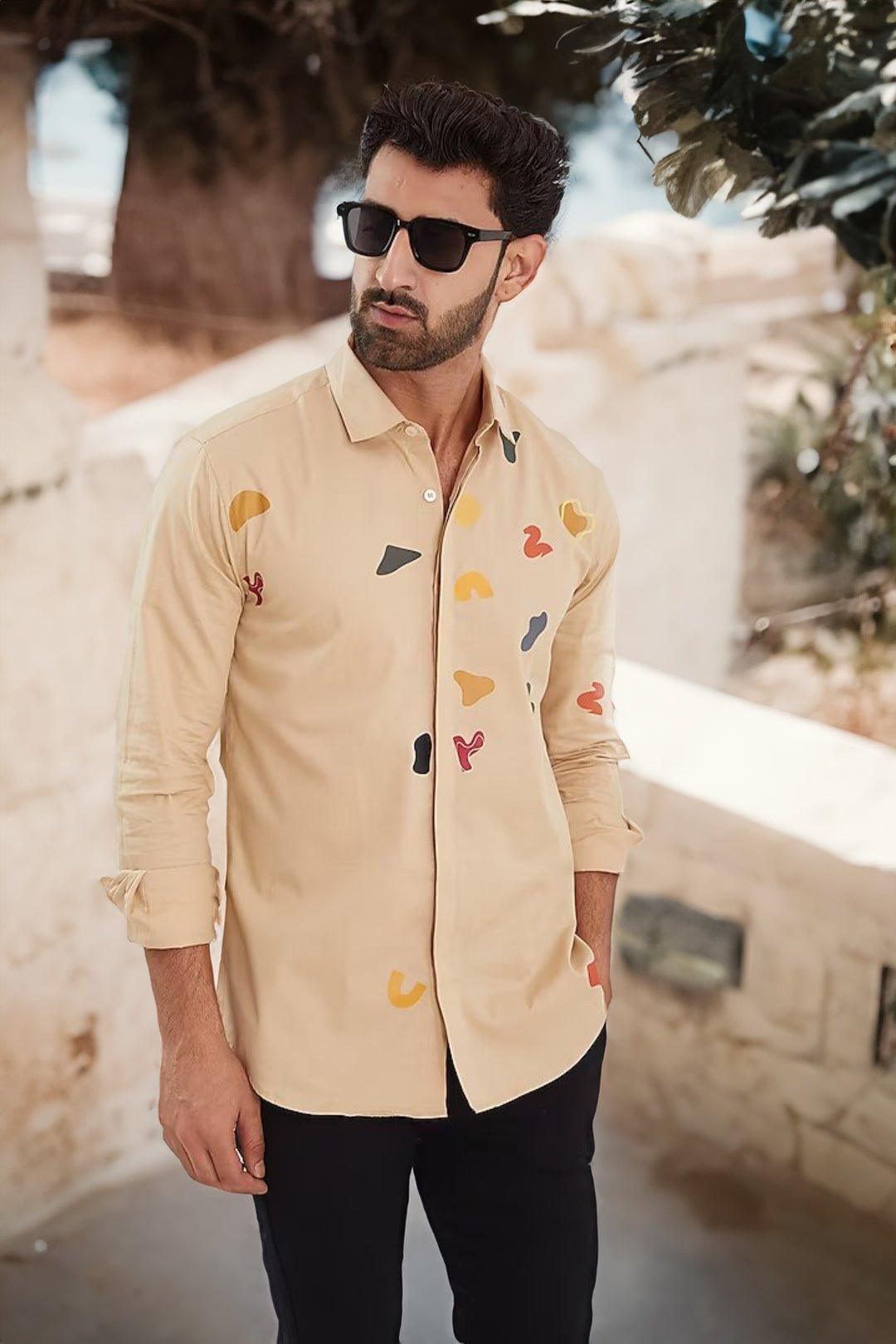 Printed Smart Casual Cream Shirt - HE SPOKE - For Men