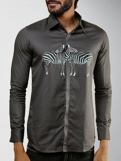 Printed Smart Casual Dark Grey Shirt - HE SPOKE - For Men