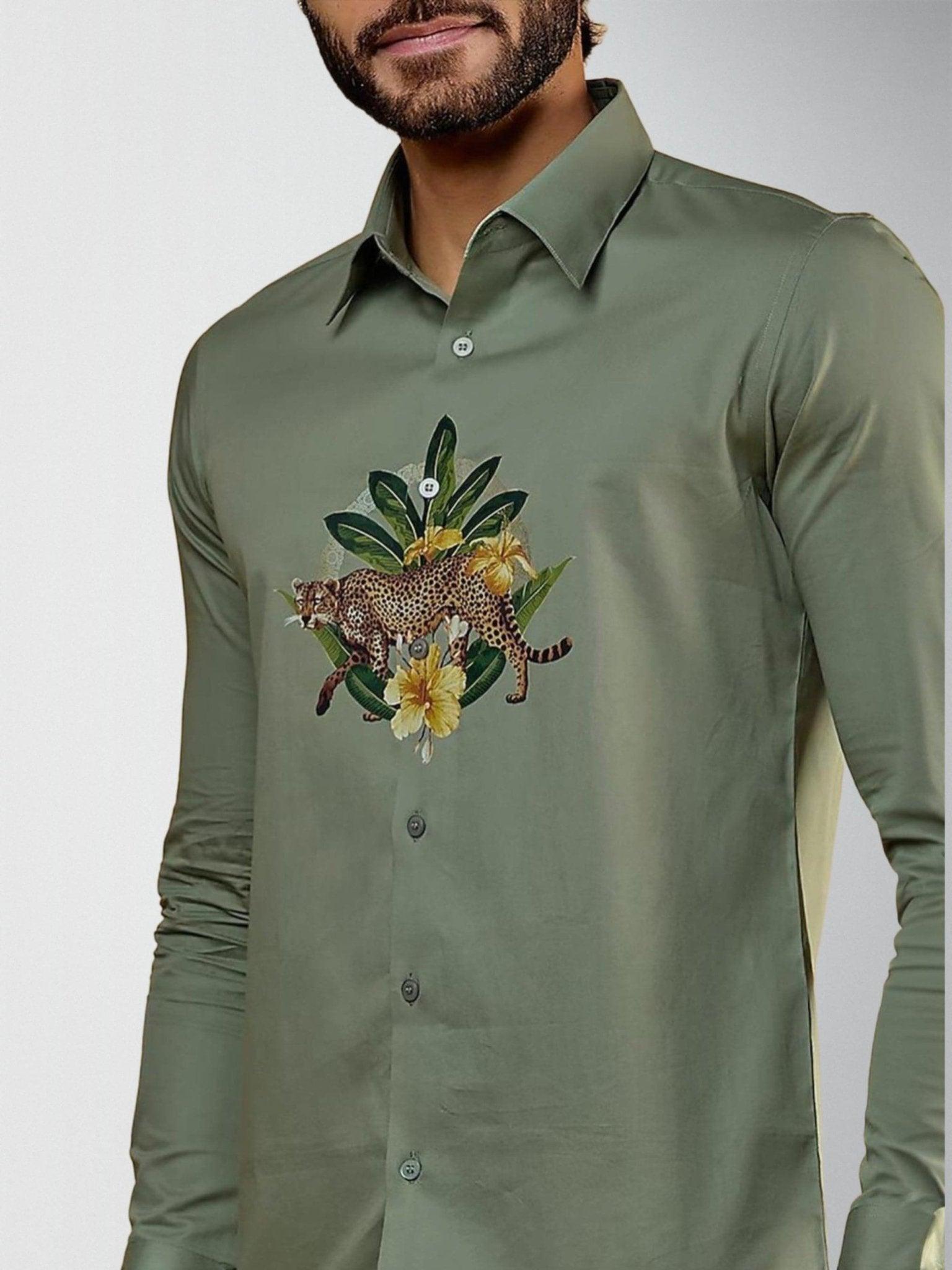 Printed Smart Casual Green Shirt - HE SPOKE - For Men