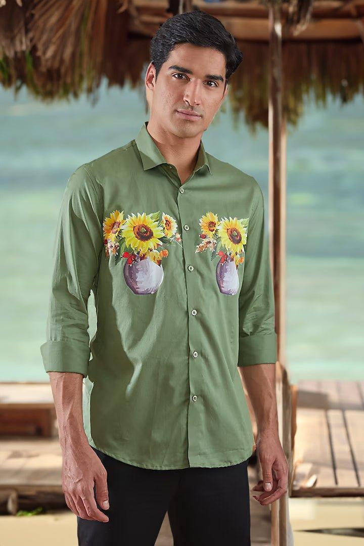 Printed Smart Casual Green Shirt - HE SPOKE - For Men