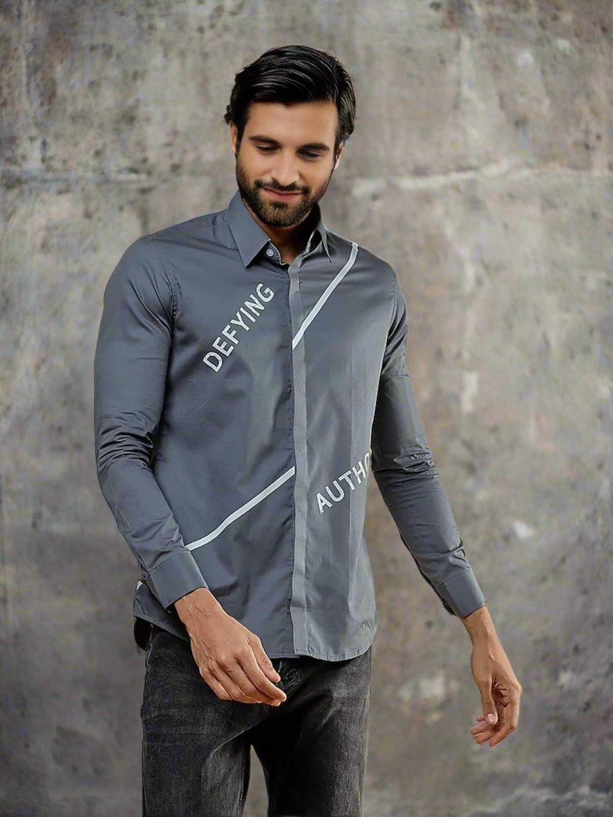 Printed Smart Casual Grey Shirt - HE SPOKE - For Men