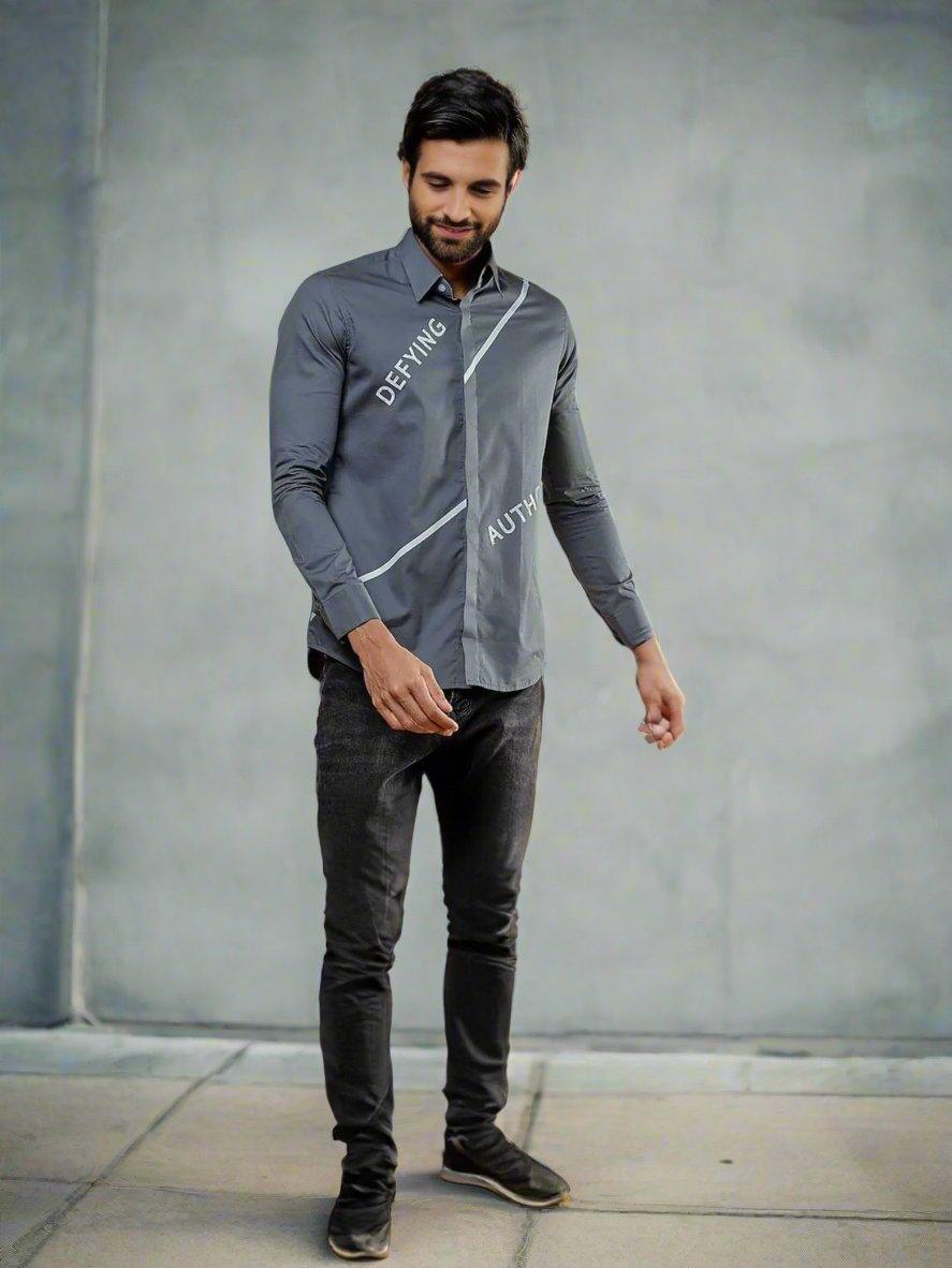 Printed Smart Casual Grey Shirt - HE SPOKE - For Men