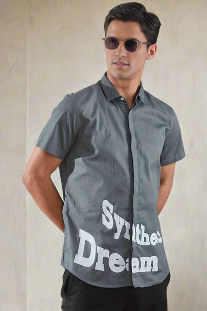 Printed Smart Casual Grey Shirt - HE SPOKE - For Men