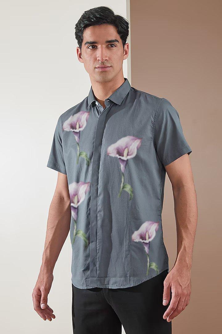 Printed Smart Casual Grey Shirt - HE SPOKE - For Men