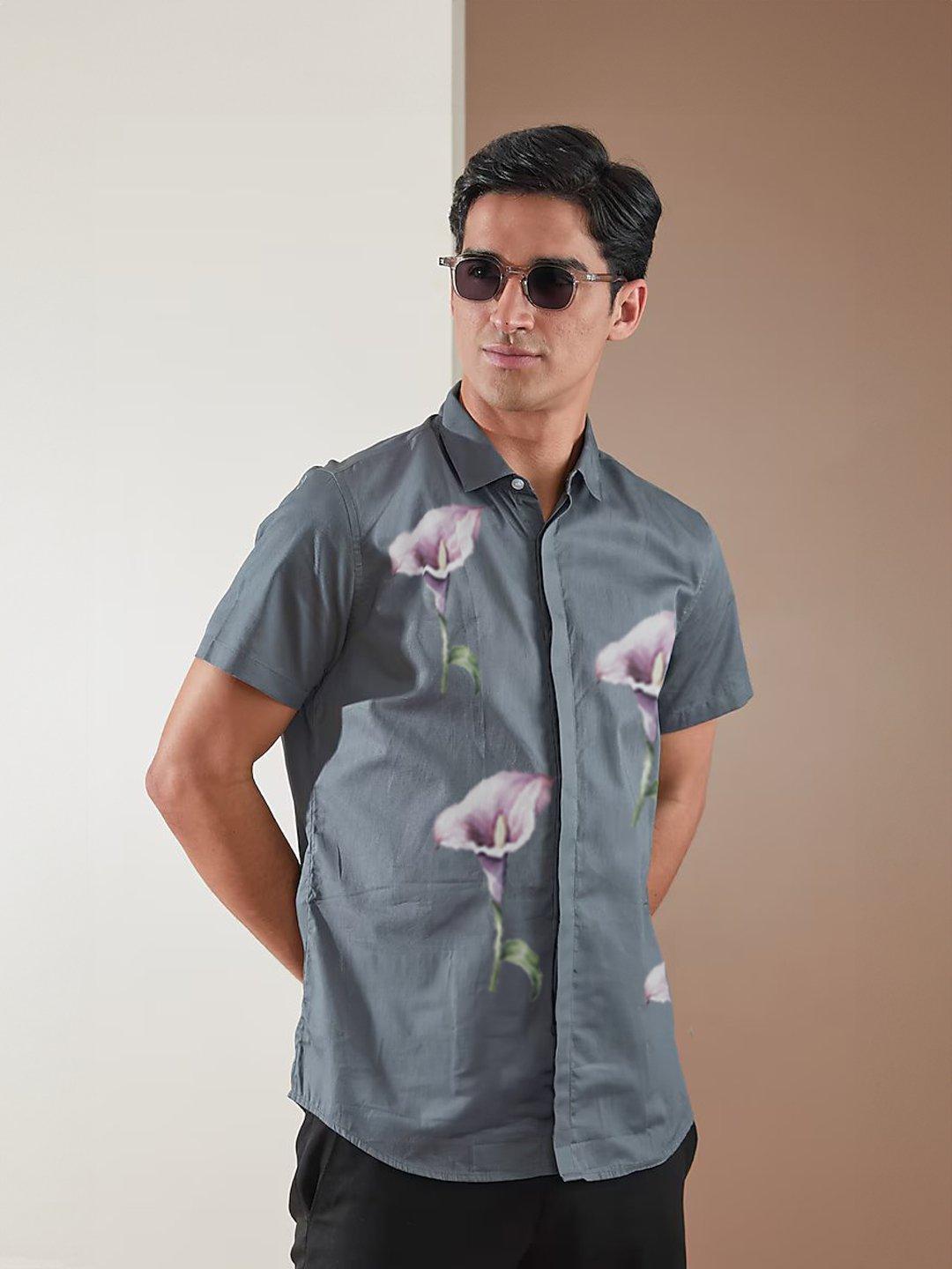 Printed Smart Casual Grey Shirt - HE SPOKE - For Men