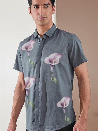 Printed Smart Casual Grey Shirt - HE SPOKE - For Men