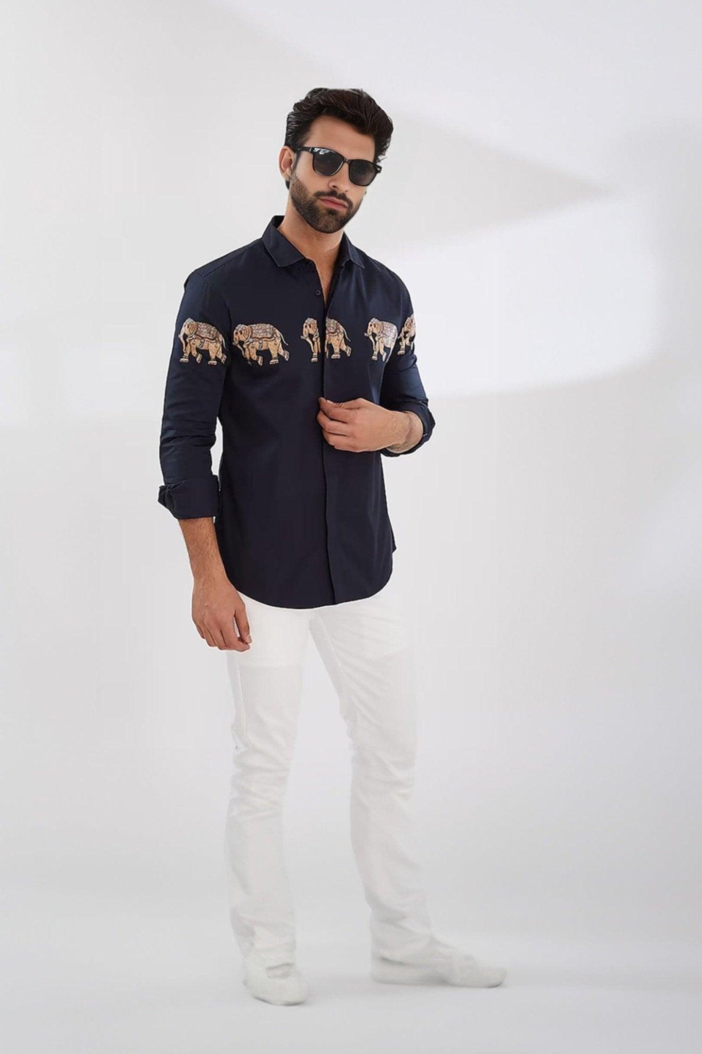 Printed Smart Casual Navy Shirt - HE SPOKE - For Men