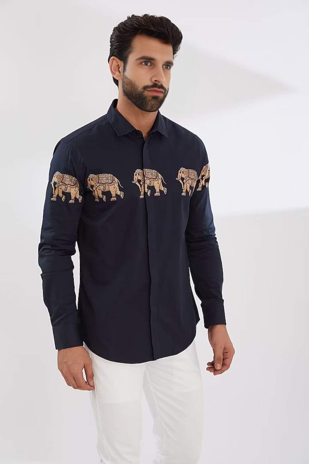 Printed Smart Casual Navy Shirt - HE SPOKE - For Men