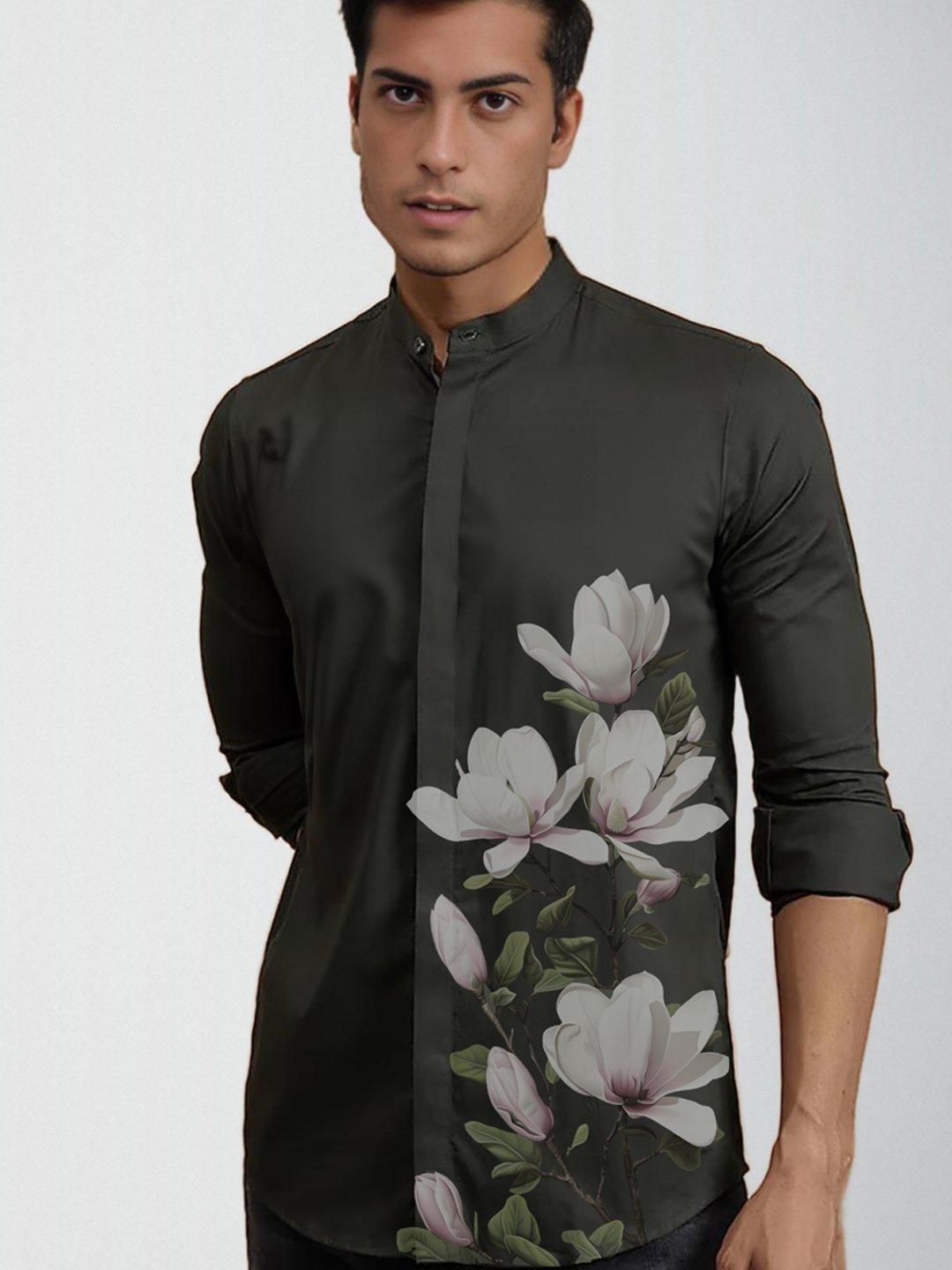 Printed Smart Casual Olive Shirt - HE SPOKE - For Men