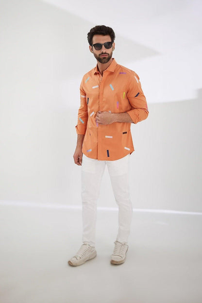 Printed Smart Casual Orange Shirt - HE SPOKE - For Men