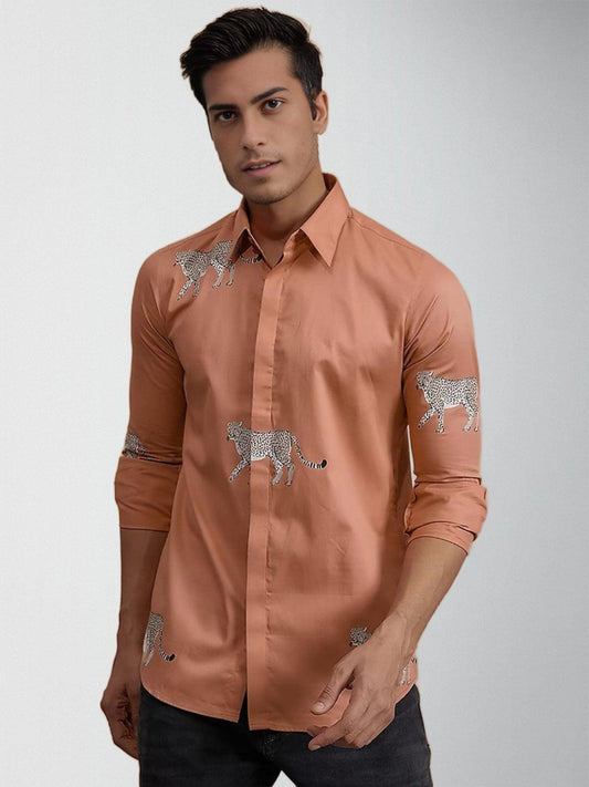 Printed Smart Casual Orange Shirt - HE SPOKE - For Men